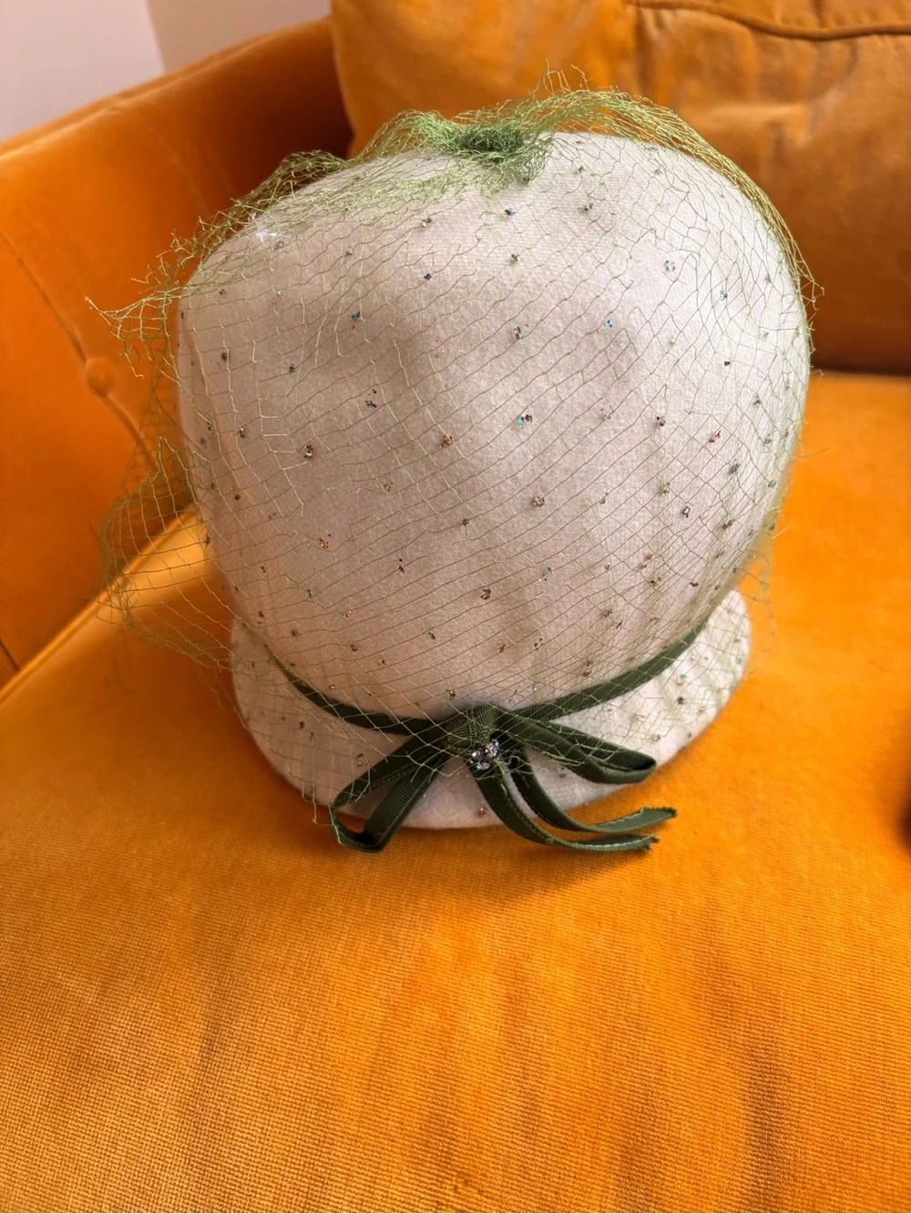 Vintage Cream Wool Cloche Hat with Green Veiling Velvet Trim 1910s 1920s 1930s